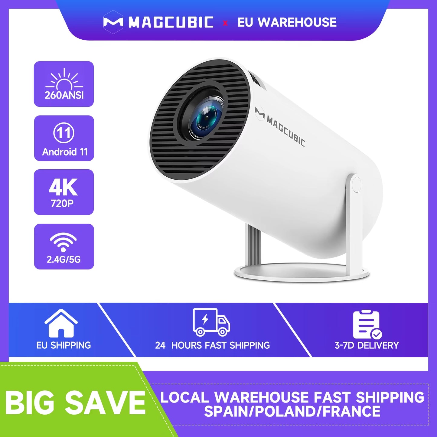 Mini Projector Support 4K 720P with Dual Band WIFI6 5G Wireless Android 11 260 ANSI 180° Rotatable Video HY300 Pro